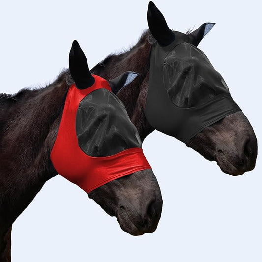 2 Piece Horse Fly Mask with Ears, Comfortable Fit Stretch Fabric Big Eye Space Soft Breathable with UV Protection for Full Horses (Red-Black)-PawvioPets