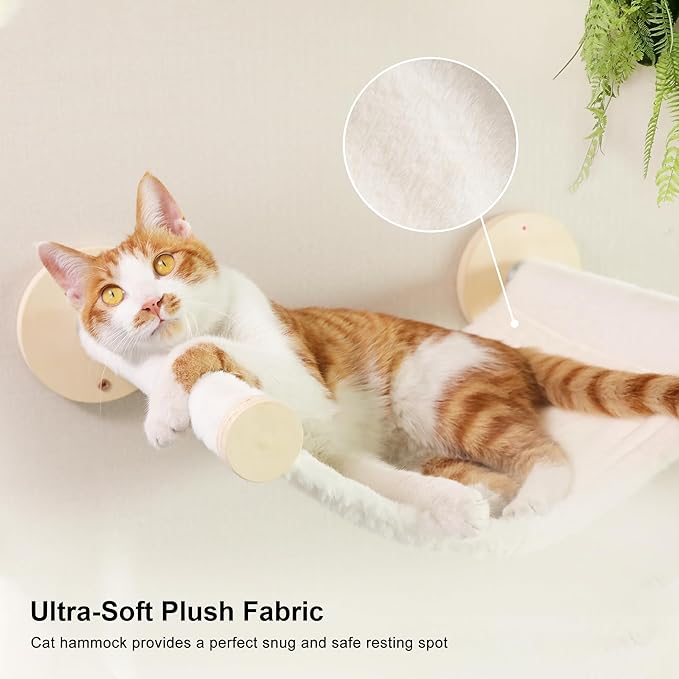 FUKUMARU Cat Wall Shelves, 5-Piece Stable Wooden Wall-Mounted Furniture Set, Kitty Climber with Hammock, House, Steps, Scratching Post (Beige)-PawvioPets