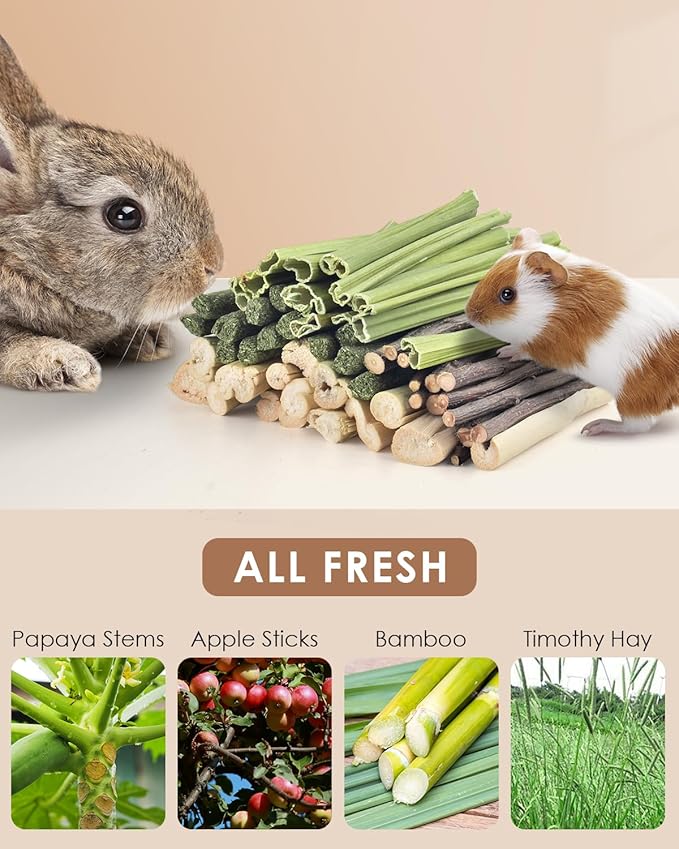 Bissap 60 PCS Rabbit Chew Sticks, Sweet Bamboo Timothy Hay Chew Stick Papaya Stems Apple Branch Bunny Chews for Rabbit Hamster Chinchilla Guinea Pig Small Pet Natural Molar Treats-PawvioPets