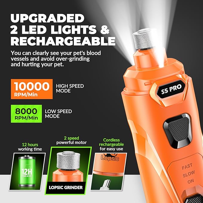 Dog Nail Grinder with 2 LED Lights Powerful 2 Speeds Super Quiet Dog Nail Trimmers with 3 Grinding Wheels Rechargeable Pet Dog Nail Clippers for Large Medium Puppy Dogs Dog Nail File Cat Nail Clipper-PawvioPets