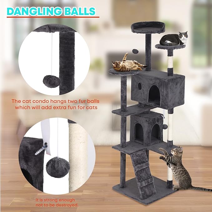 FDW Cat Tree 70in Cat Tower Multi-Level Durable Cat Scratching Post & Cozy Fun Cat Jumping Platform Space Saving Cat Condo Pet Play House for Indoor Cats,Light Gray-PawvioPets
