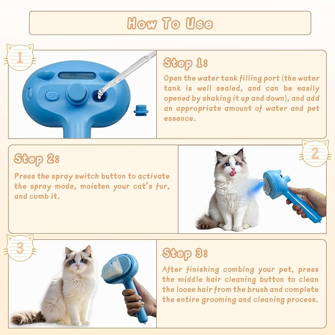 5-in-1 Pet Steam Brush for Cats & Dogs – Grooming, Shedding, Massage & One-Touch Clean for Short & Long Hair Pets – Electric Cat Brush with Comb & Steam (Blue)-PawvioPets