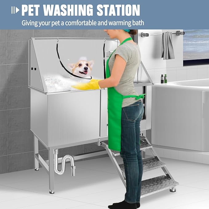 50" Dog Bathing Station, Professional Dog Washing Station Stainless Steel Dog Grooming Tub for Home,Equipped with Three Anti-Slip Steps, Removable Door, Pet Wash Station for Pet (50" Right ramp)-PawvioPets
