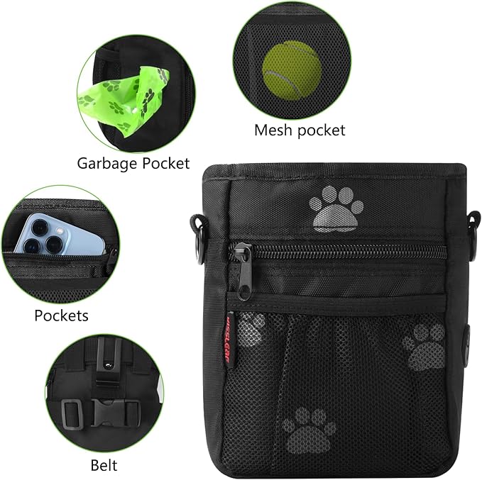 Dog Treat Pouches for Pet Training, Treat Pouches for Pet Training,Large Dog Treat Training Pouch and Dog Clicker,Dog Training Treat Pouch Built-in Poop Bag Dispenser-Black Pattern.-PawvioPets