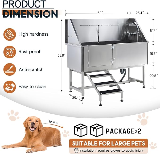 Albott 60 Inch Stainless Steel Dog Washing Station with Anti-Slip Steps, Sprayer, Faucet, Soap Box, Tow Rope – Professional Pet Bathtub for Large Pets, Ideal for Home, Garage, and Grooming(Left)-PawvioPets