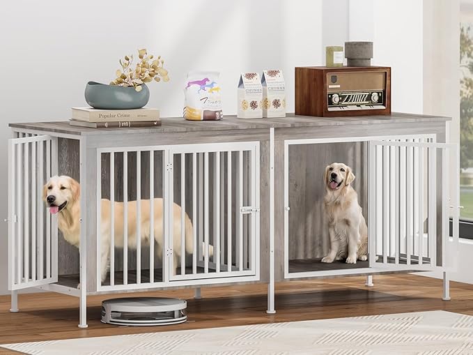 63 Inch Dog Cage Furniture for 2 Large/Medium Dogs with Removable Divider, Extra Large Double Doors Dog Kennel, XXL Thick Wooden Dog cage Furniture, Durable and Sturdy, Beige-PawvioPets