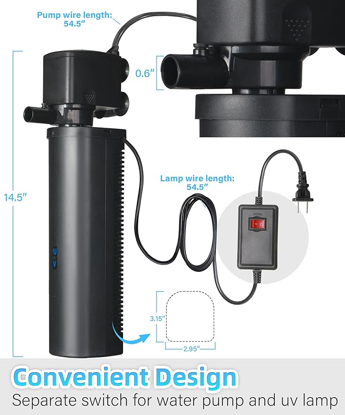 Aquarium Filter U-Very Suitable for 75-300 Gallon Tank, 500GPH Fish Tank Filters for Green Control, Internal Submersible Pump for Turtle Tank, Small Pond, Pool Filter, Cold Plunge Ice Bath Hot Tub-PawvioPets