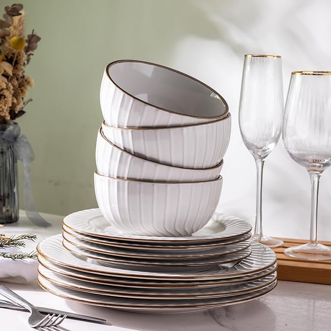GBHOME Ceramic Dinnerware Sets,12 pcs Embossed Elegant Stoneware Plates and Bowls Sets, Housewarming Wedding Gift | Dishwasher & Microwave Safe | Dishes Set Service for 4-PawvioPets