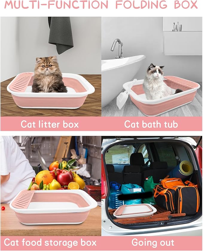 BNOSDM Senior Cat Litter Box Low Entry Kittens Travel Litter Box with Scoop Open Collapsible Shallow Cats Potty Pan Foldable Pet Toilet for Sick Disabled Older Elderly Cats Pink-PawvioPets
