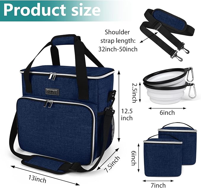 BAGLHER Dog Travel Bag, Pet Travel Bag (ALL Pet Travel Supplies), With 2 Pet Food Containers and 2 Collapsible Silicone Bowls; Essential Kits for Pet Travel Dark Blue-PawvioPets
