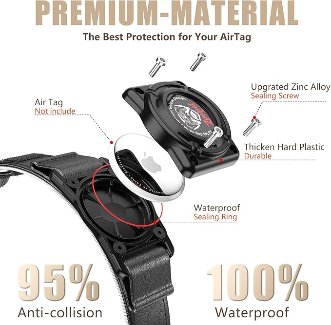 AirTag Dog Collar - Leather Dog Collar with Airtag Holder | IP68 Waterproof AirTag Holder with Metal Buckle, Comfortable GPS Dog Collars Tracker for Medium Large Dogs (Black, L)-PawvioPets