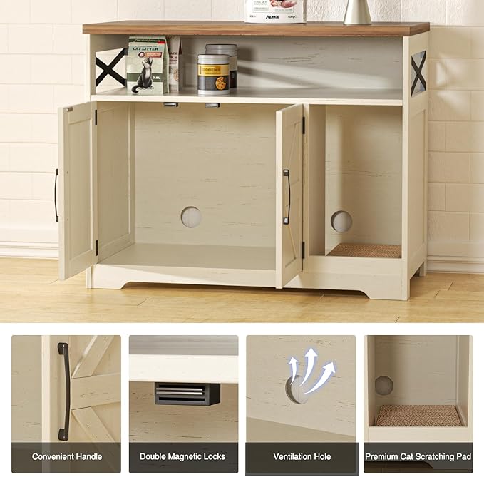 Cat Litter Box Enclosure, Hidden Litter Box Furniture with Scratch Pad, Farmhouse Indoor Cat House Washroom End Table, White-PawvioPets