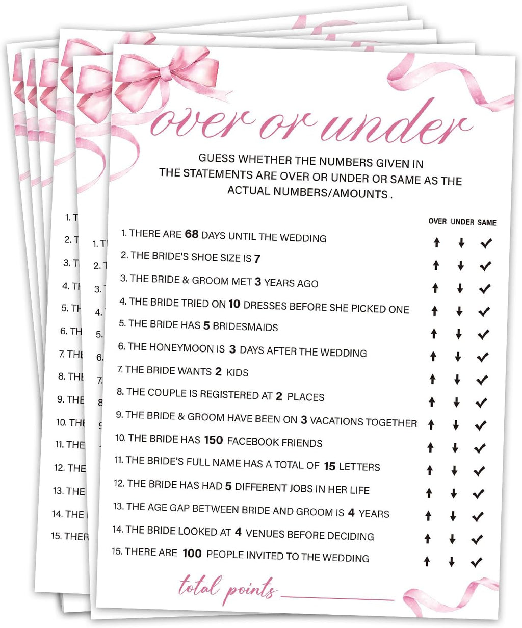 Bridal Shower Games 30 Guests, Over or Under Bridal Shower Wedding Games for Reception, Rehearsal Dinner Engagement Party Activities Game Card/HL 005