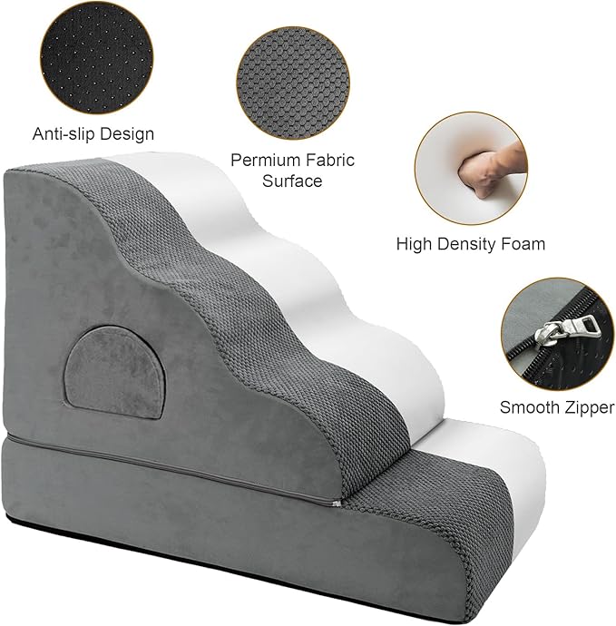 Dog Stairs for Small Dogs 19.7" H, 4-Step Dog Steps for High Bed, High-Density Foam Curved Pet Stairs with Non-Slip Removable Washable Cover to Get on Bed-PawvioPets
