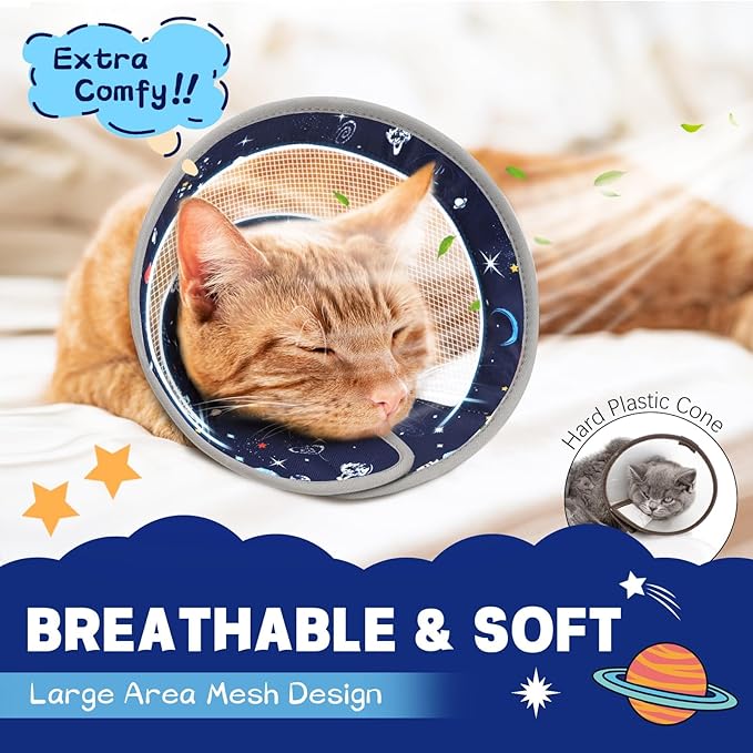 Breathable Air Mesh Cat Cone Collar Soft - Adjustable Recovery Collar to Stop Licking After Surgery, Foldable Lightweight E-Collar for Cats & Kittens (Sky Star, S)-PawvioPets
