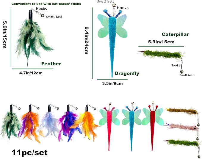 AcceLeah Cat Worm Toy Refills - Assorted Teaser Wand Toys with Bell (11 Pcs)-PawvioPets