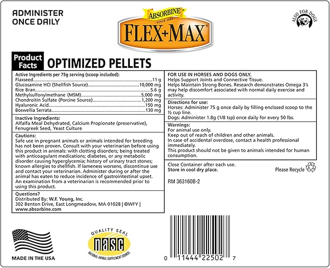 Absorbine Flex+Max Horse Joint Supplement Pellets, Highly Palatable, Comprehensive Equine Formula with Glucosamine, MSM, Chondroitin & Flaxseed, 5lb Bag / 30 Day Supply-PawvioPets