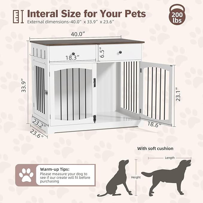 40 Inch Furniture-Style Dog Crate-Multipurpose Wood Pet Crate Furniture with Double Doors,2 Drawers, Decorative Dog House Indoor for Smal/Medium Dogs, White Finish-PawvioPets