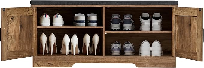 2-Tier Storage Bench, Shoe Bench with Padded Seat Cushion, Entryway Bench with 2 Barn Doors, Adjustable Shelf, 13.8" D x 39.4" W x 17.7" H, for Entryway, Living Room, Bedroom, Rustic Walnut-PawvioPets