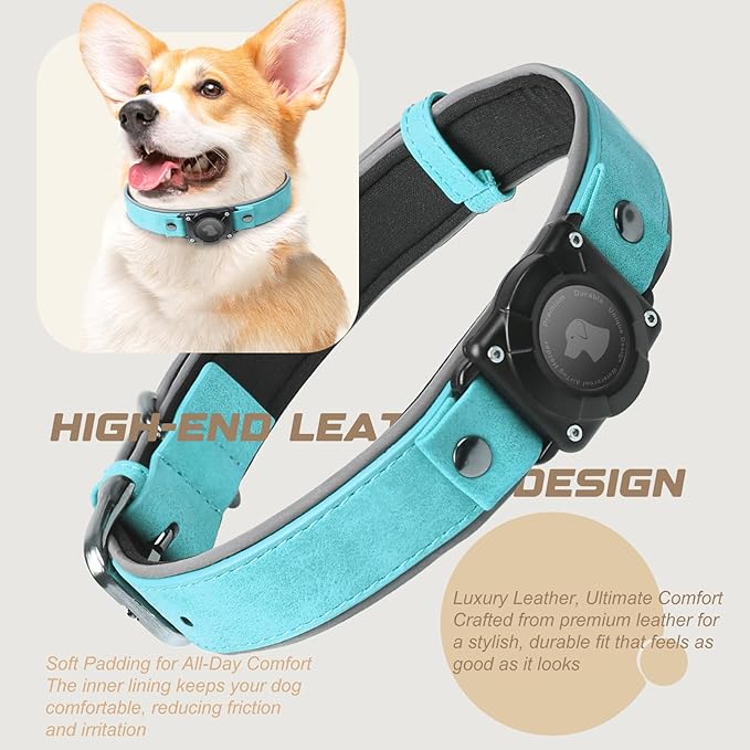 AirTag Dog Collar - Leather Dog Collar with Air Tag Holder | IPX8 Waterproof, Reflective, High - End, Adjustable Soft Padded | Dog GPS Tracker Collars Fit for Medium Large Dogs (Light Blue, M)-PawvioPets
