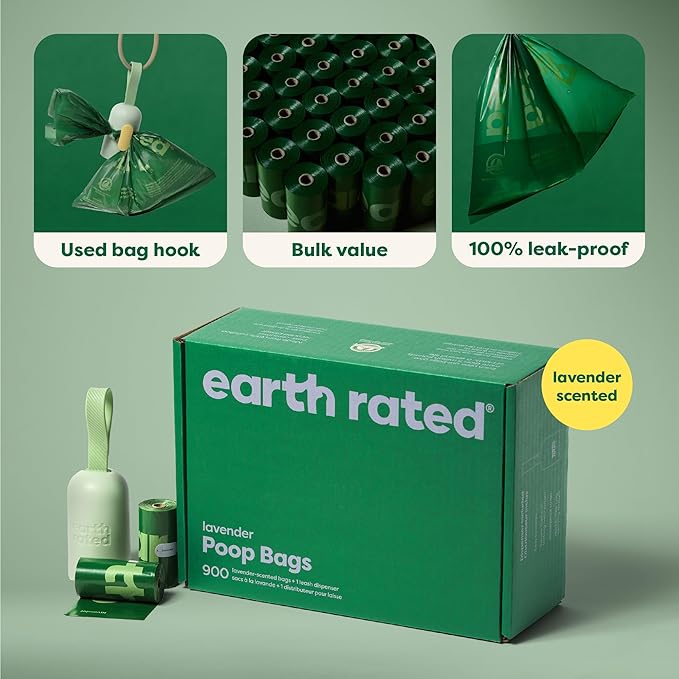 Earth Rated Dog Poop Bag Holder, Durable and Guaranteed Leakproof, Lavender Scented, 1 Dispenser and 900 Bags-PawvioPets