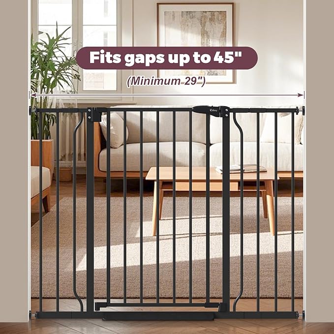 29"-45" Baby Gate for Stairs, Auto Close Stroller Friendly Dog Gate Indoor for Doorways, Pressure Mounted Baby Gate, Easy Walk Through Gate for Children & Pets, Black-PawvioPets