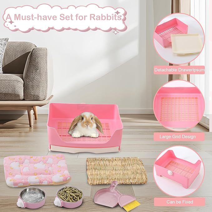25 Pcs Large Rabbit Starter Kit, Bunny Litter Box with Drawer Animal Grooming Kit Stacking Cups Bowl Blankets Mat with Cleaning Set for Adult Guinea Pig, Ferret, Hamster, Bunnies Accessories (Pink)-PawvioPets