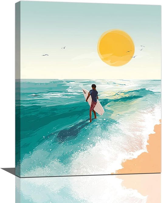 Beach Surfing Wall Art Ocean Coastal Wave Canvas Wall Decor Summer Nature Seascape Pictures Painting Print Framed Artwork Decorations for Bathroom Living Room Office Bedroom 16"x20"-PawvioPets