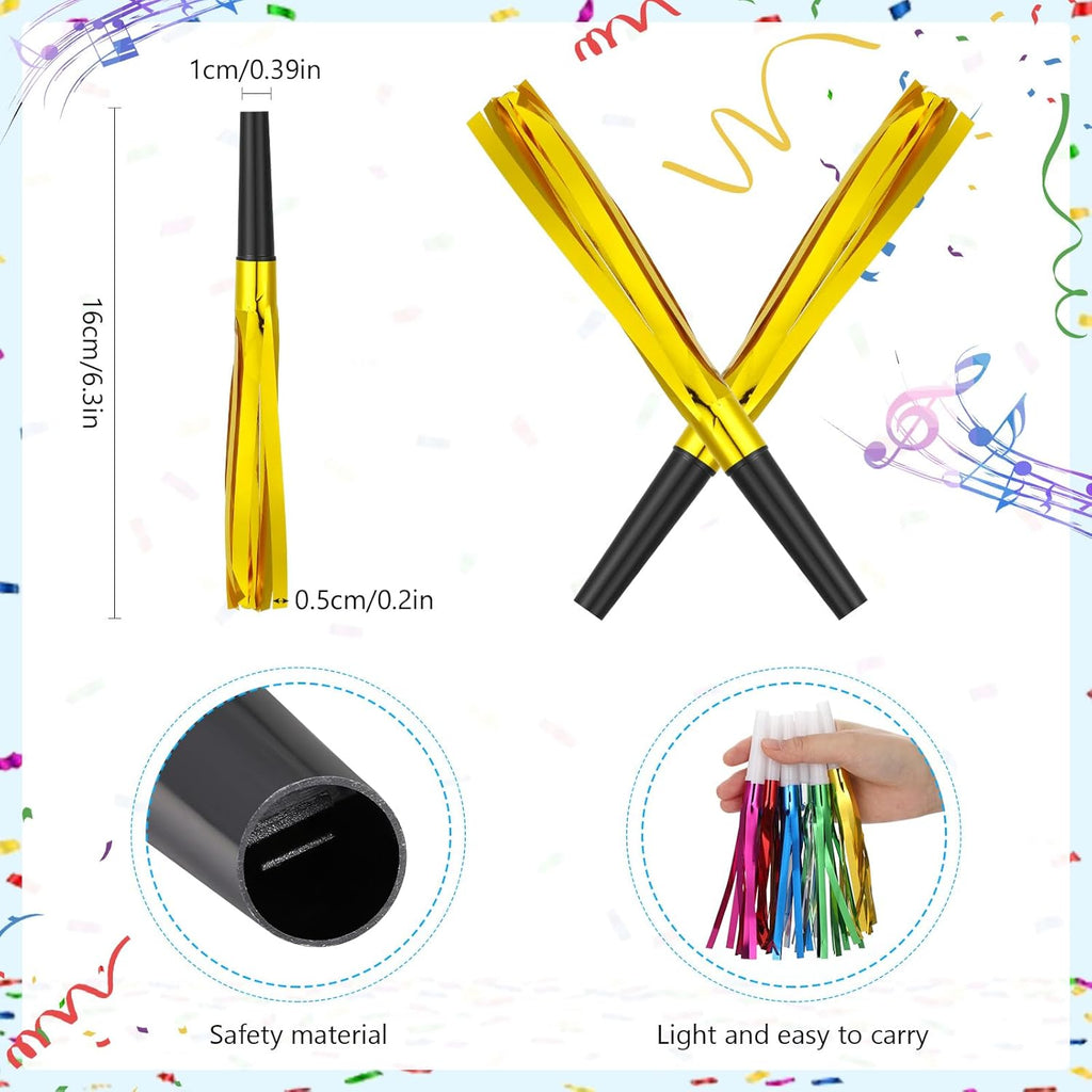 Metallic Fringed Noise Makers, 24 Pcs, Gold, Silver, for Noise Makers Party Favors, Baby Shower, Kids Birthday, New Year Party