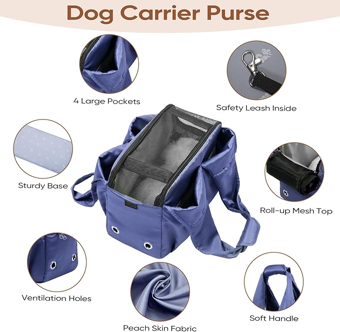 Dog Purse Carrier for Small Dogs, Cats, and Puppies – Soft-Sided Travel Pet Tote Bag with 4 Large Pockets, Foldable, Lightweight, Fits Pets up to 15 lbs, for Travel, Outings (Dark Blue)-PawvioPets