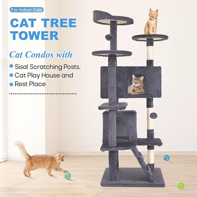 FDW Cat Tree 54in Cat Tower Multi-Level Durable Cat Scratching Post & Cozy Fun Cat Jumping Platform Space Saving Cat Condo Pet Play House for Indoor Cats,Ashy-PawvioPets