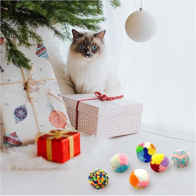 Andiker 6 Pcs Assorted Color Cat Ball Toys, Woolen Yarn Puffs Cat Pom Pom Balls Interactive Kitten Chasing Toys-PawvioPets