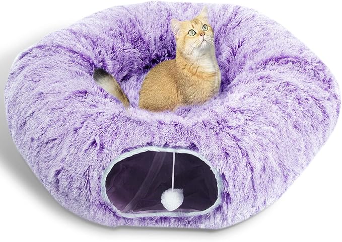AUOON Cat Tunnel Bed for Indoor Cats - Circle Peekaboo Cat Cave with Washable Mat for Indoor Cats Kitten Kitty Puppy Rabbit Ferret (Purple)-PawvioPets