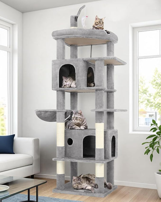 Globlazer Large Cat Tree Tower, Tall Cat Tree Condos for Indoor Cats Large Adult Cat Climbing Tower with 2 Spacious Caves, Oversized Top Perch, Big Hanging Basket, Cat Teaser Wand, F74B, Light Grey-PawvioPets