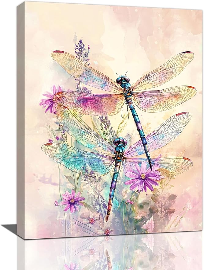 Dragonfly Bathroom Pictures Wall Art, Floral Bathroom Wall Decor, Framed Painting Canvas Artwork for Bedroom Living Room Decorations 16"L x 12"W-PawvioPets