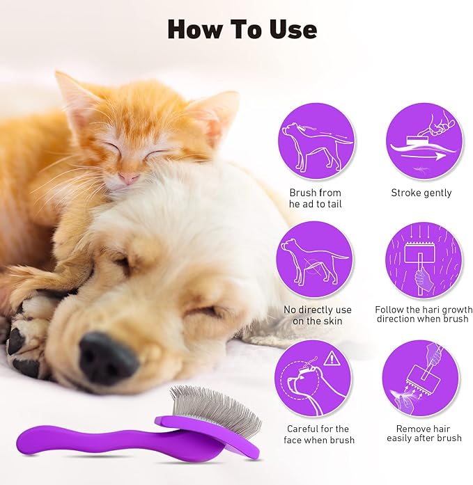 Dog Slicker Brush for Shedding and Grooming Medium or Long Haired Cats, Extra Long & Soft Pin Slicker Brush for Removes Loose Hair, Tangles, Knots, Undercoat, Free Pet Comb, Large Purple-PawvioPets