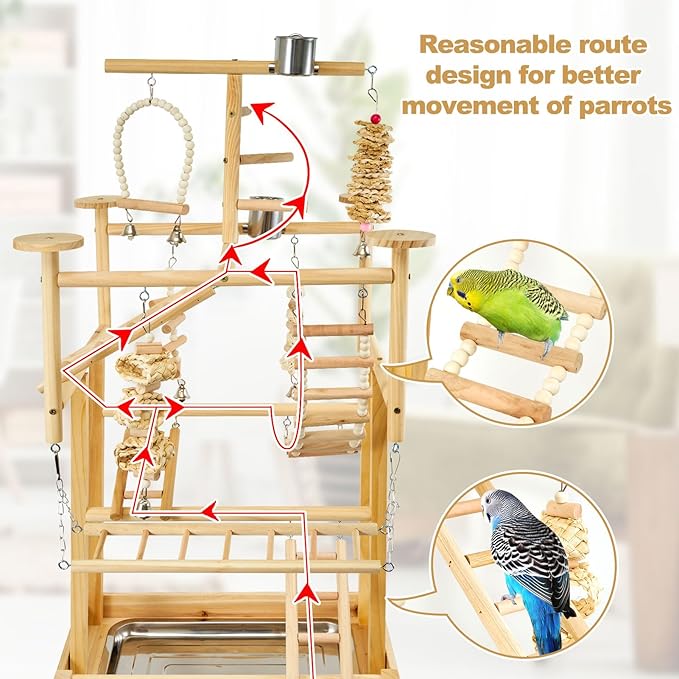 Bird Playground - Natural Wood Parrot Playstand with Perches, Bird Play Gym & Accessories, Removable Tray & 4 Stainless Steel Cups-PawvioPets