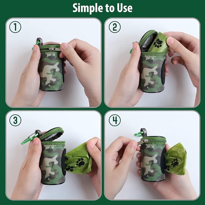 Dog Poop Bag Holder for Leash Doggie Waste Bag Dispenser Puppy Potty Carrier Small Doggy Zipper Pouch with Carabiner Clip 1680D Nylon Oxford with 1 Roll of Pet Trash Bags, Woodland Camo-PawvioPets