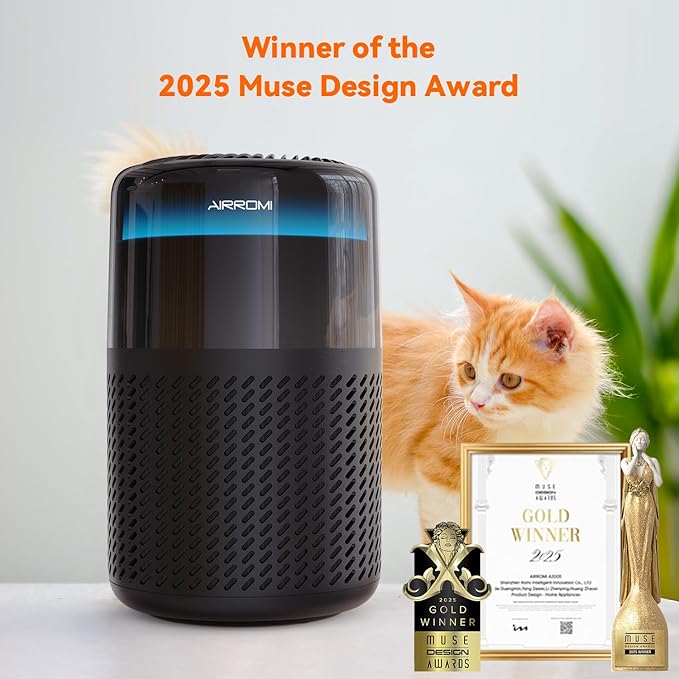 AIRROMI Air Purifier for Bedroom Home,HEPA Filter,Covers Upto 549 Ft²,Quiet 360°intake Air Cleaner with Fragrance ponge for Better Sleep,Night Light,Filters Smoke,Pet Dander,Allergies,Dust,A2005 Black-PawvioPets