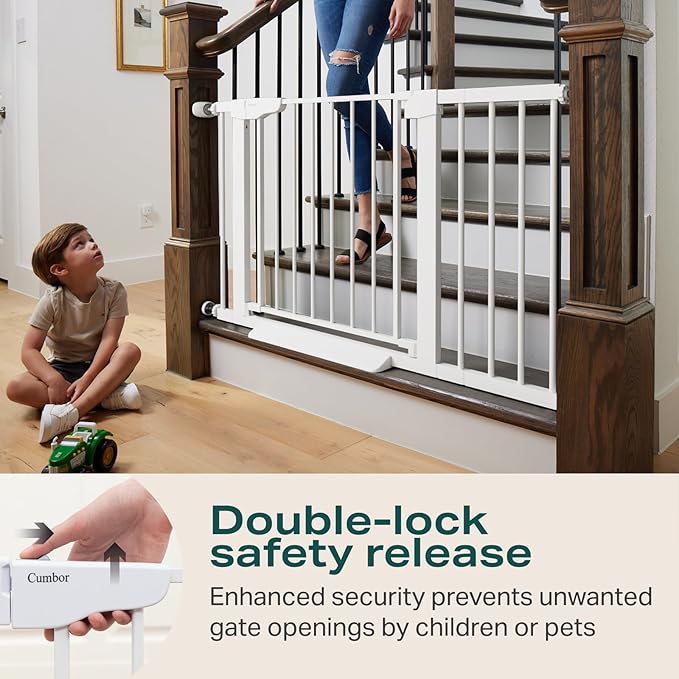 Cumbor 2 Pack 29.7-46" Baby Gate for Stairs, Mom's Choice Awards Winner-Auto Close Dog Gate for doorways, Easy Install Pressure Mounted Pet Gates indoor, Easy Walk Thru Wide Safety Gate for Dog, White-PawvioPets