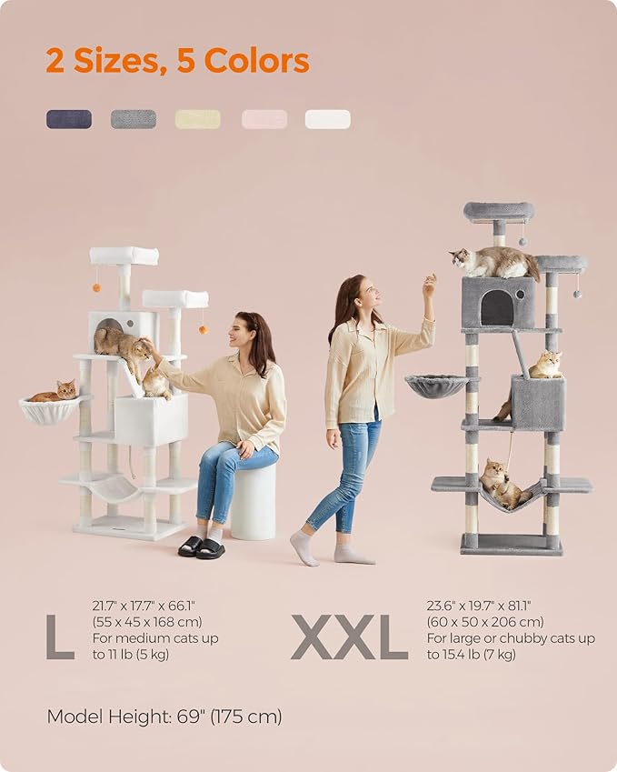 Feandrea Cat Tree, 66.1-Inch Large Cat Tower with 13 Scratching Posts, 2 Perches, 2 Caves, Basket, Hammock, Pompoms, Multi-Level Plush Cat Condo for Indoor Cats, Jelly Pink UPCT165P01-PawvioPets