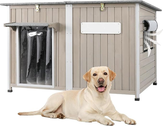 Dog House Outdoor Weatherproof & Wooden Dog Kennel with Chew-Proof Iron Frame，Removable Floor, Adjustable Vent Window, Easy Assembly for Large and Extra-Large Dogs 55.1" D x 33.1" W x 34.8" H-PawvioPets