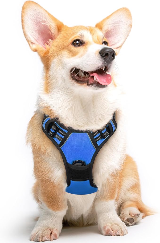 Eagloo Dog Harness Medium Sized Dog, No Pull Service Vest with Reflective Strips and Control Handle, Adjustable and Comfortable for Easy Walking, No Choke Pet Harness with 2 Metal Rings, Blue, M-PawvioPets
