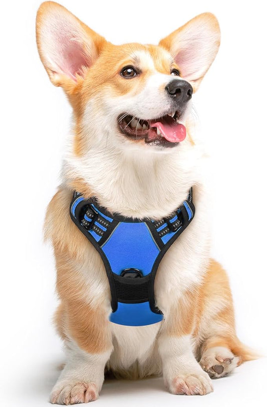 Eagloo Dog Harness Medium Sized Dog, No Pull Service Vest with Reflective Strips and Control Handle, Adjustable and Comfortable for Easy Walking, No Choke Pet Harness with 2 Metal Rings, Blue, M-PawvioPets