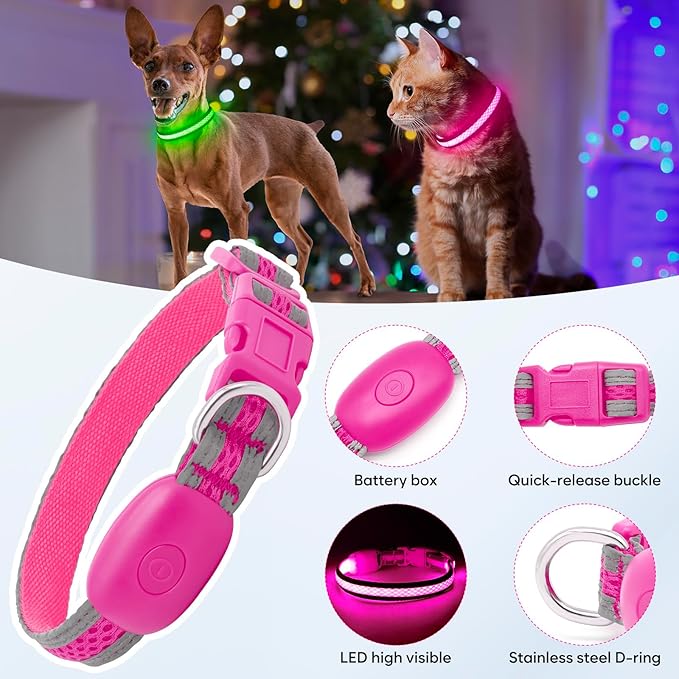 Flashseen LED Cat Collar,Light Up Dog Collar Rechargeable, Dog Lights for Night Walking, Comfortable Soft Mesh Pet Collar Adjustable for Cats Puppy and Small Dogs(Pink, XS)-PawvioPets