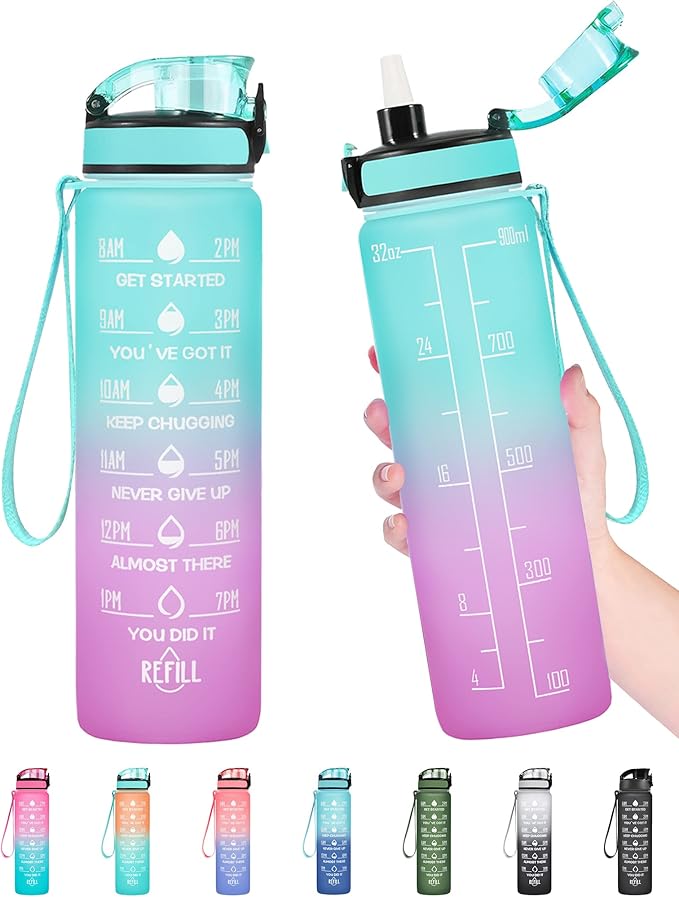 Enerbone Water Bottle, Leakproof BPA & Toxic Free, Motivational Water Bottle with Times to Drink and Straw, Fitness Sports Water Bottle with Strap for Office, Gym, Outdoor Sports-PawvioPets