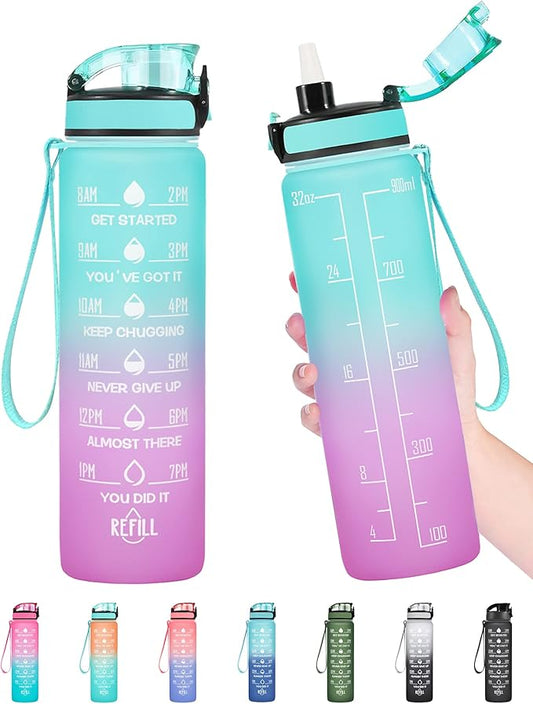 Enerbone Water Bottle, Leakproof BPA & Toxic Free, Motivational Water Bottle with Times to Drink and Straw, Fitness Sports Water Bottle with Strap for Office, Gym, Outdoor Sports-PawvioPets