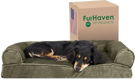 Furhaven Pillow Dog Bed for Medium/Small Dogs w/ Removable Bolsters & Washable Cover - Faux Fur & Velvet Sofa - Dark Sage, Medium-PawvioPets