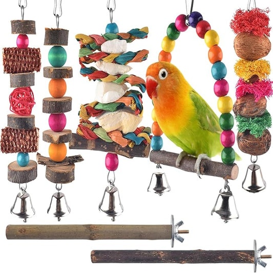 Bissap Bird Chew Toys, 7 Packs Parakeet Natural Wood Toys Parrot Hanging Cage Toy Bird Perch Stand for Small Bird Conure Cockatiel Parrotlet Lovebird Budgie-PawvioPets