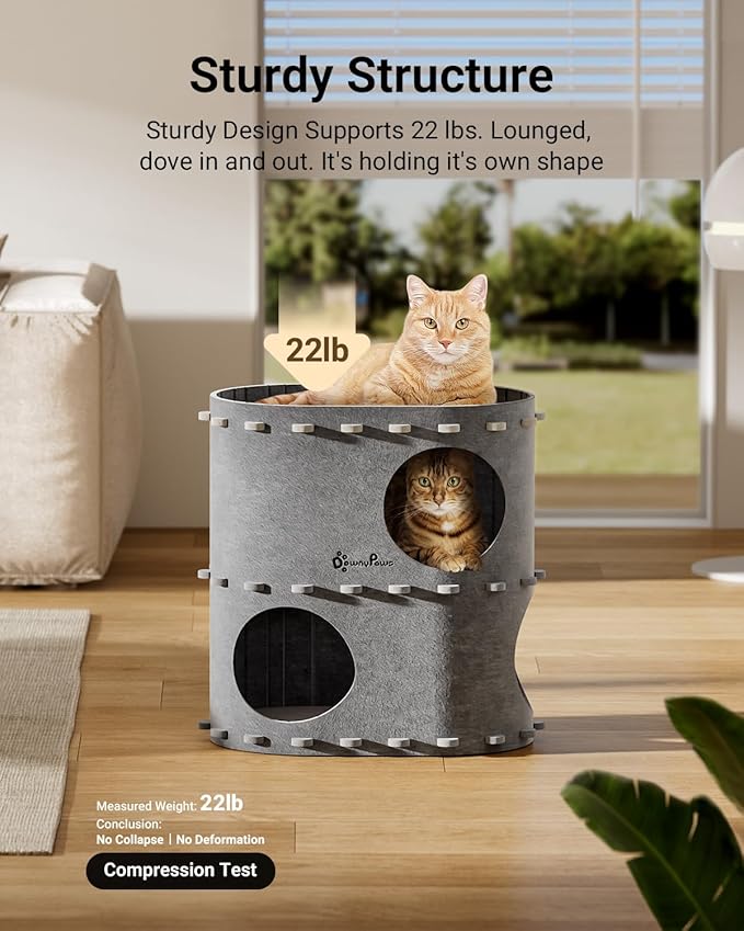 DownyPaws Cat House for Indoor Cats, 2-Storey Foldable Cat Bed Cave, Felt Cats Tunnel Bed Condo, Castle Kitten Cube Hideaway for Multicats, Scratch Resistant, Light Gray-PawvioPets